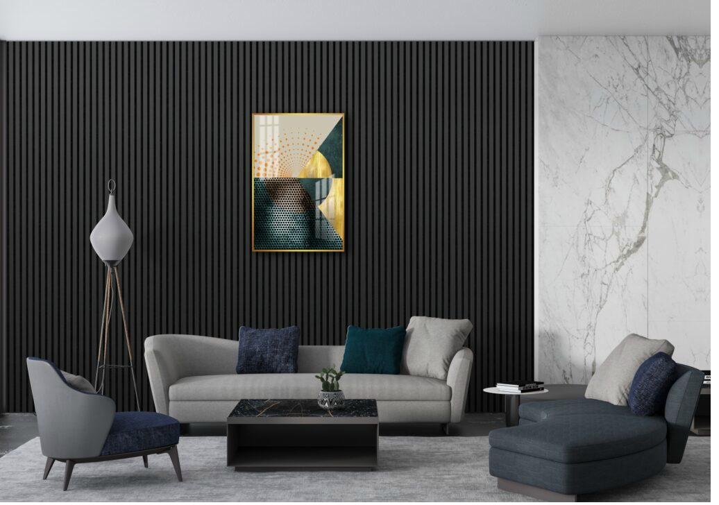 Black oak acoustic panel feature wall